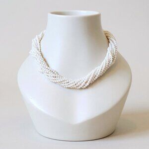 Kenneth Jay Lane KJL Faux Pearl Torsade Necklace Pave Rhinestone Heart Clasp